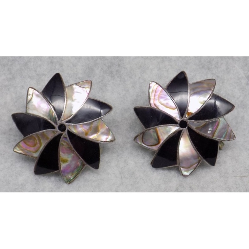 Vintage Sterling Silver Earrings ICM Abalone & Enamel Pinwheel Flower Screw Back